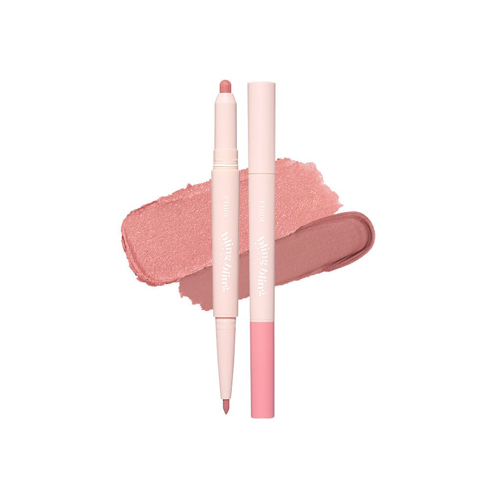 ETUDE Bling Bling Idol Stick 0.75g dual-function makeup stick with soft pink and mauve shades on white background