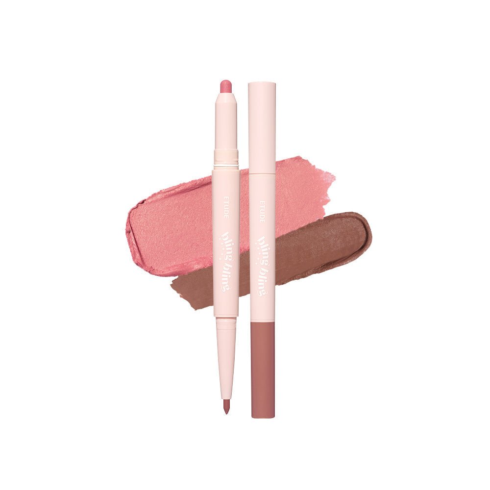ETUDE Bling Bling Idol Stick 0.75g dual-function cosmetic pencil with pink and brown tones on white background