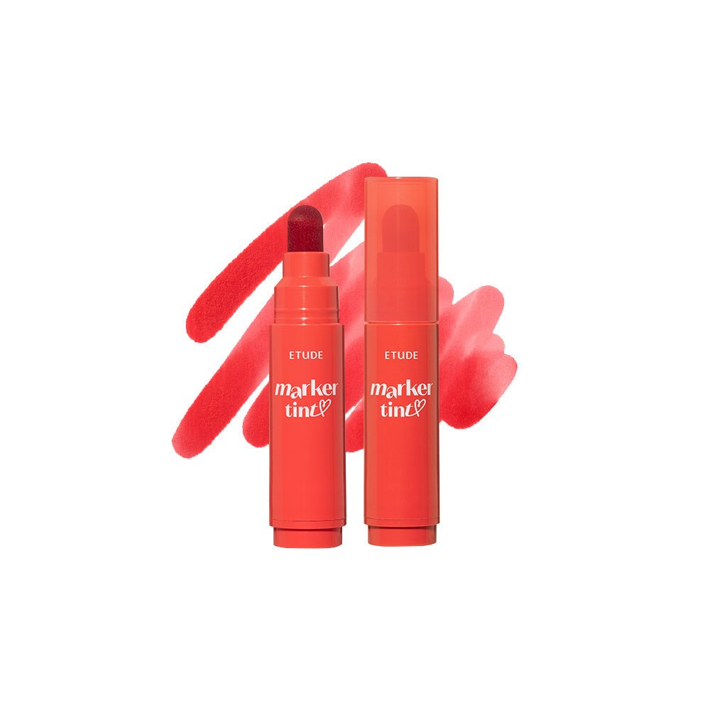 ETUDE Dear Darling Marker Tint 3.5g in vivid red with pen-style applicator and smooth color swatches behind