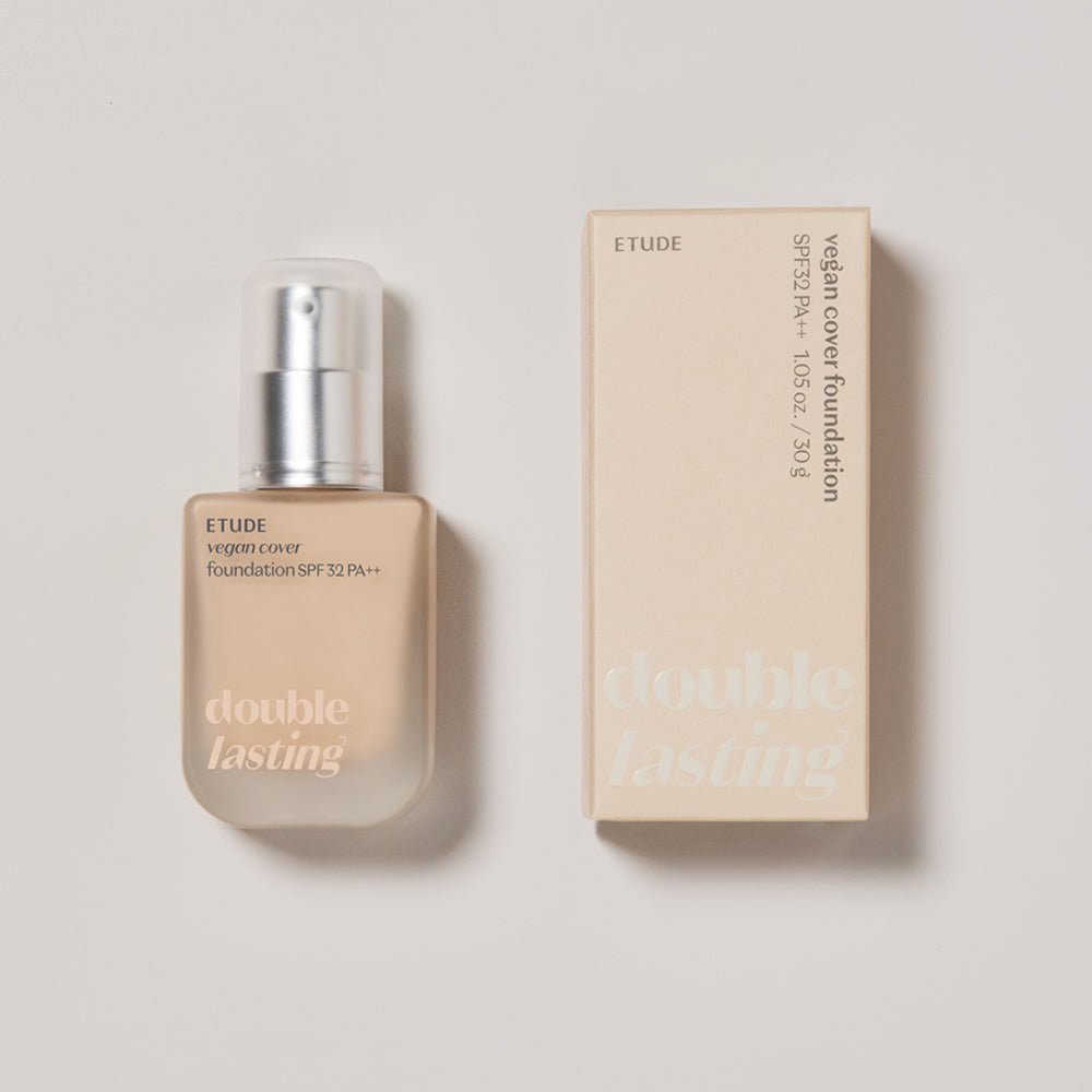 ETUDE Double Lasting Vegan Cover Foundation SPF32/PA++ 30g in beige bottle with silver pump and matching box packaging