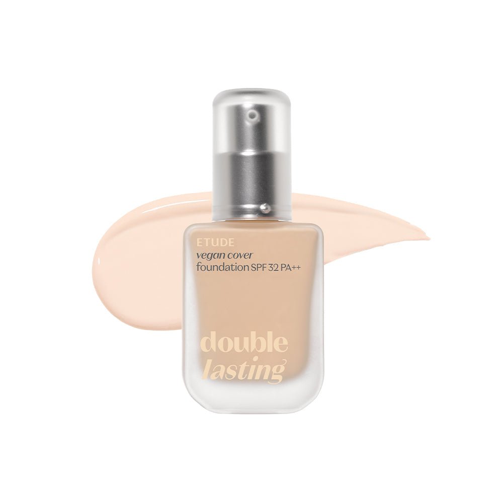 ETUDE Double Lasting Vegan Cover Foundation SPF32/PA++ 30g bottle with smooth light vanilla foundation swatch behind