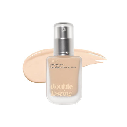 ETUDE Double Lasting Vegan Cover Foundation SPF32/PA++ 30g in light beige with long-lasting coverage swatch behind bottle