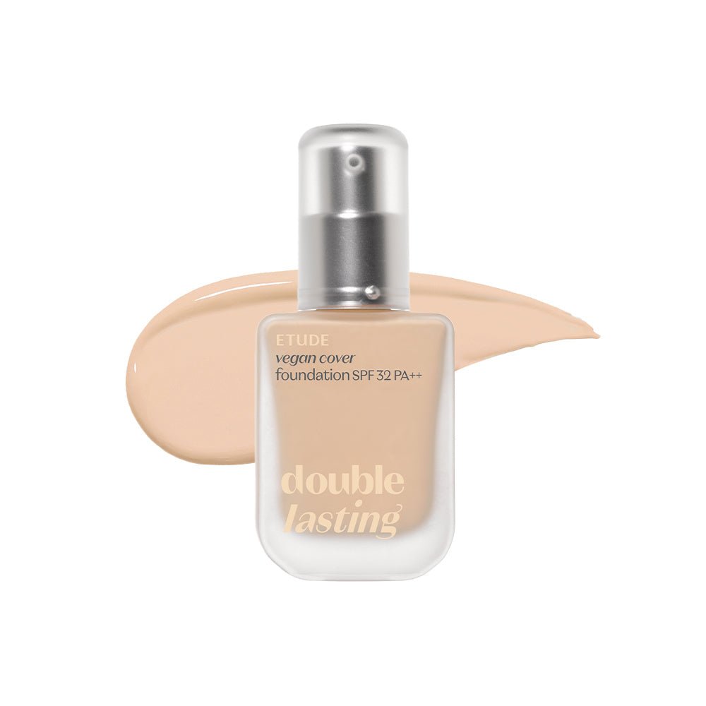 ETUDE Double Lasting Vegan Cover Foundation SPF32/PA++ 30g bottle with beige foundation swatch showing long-lasting coverage
