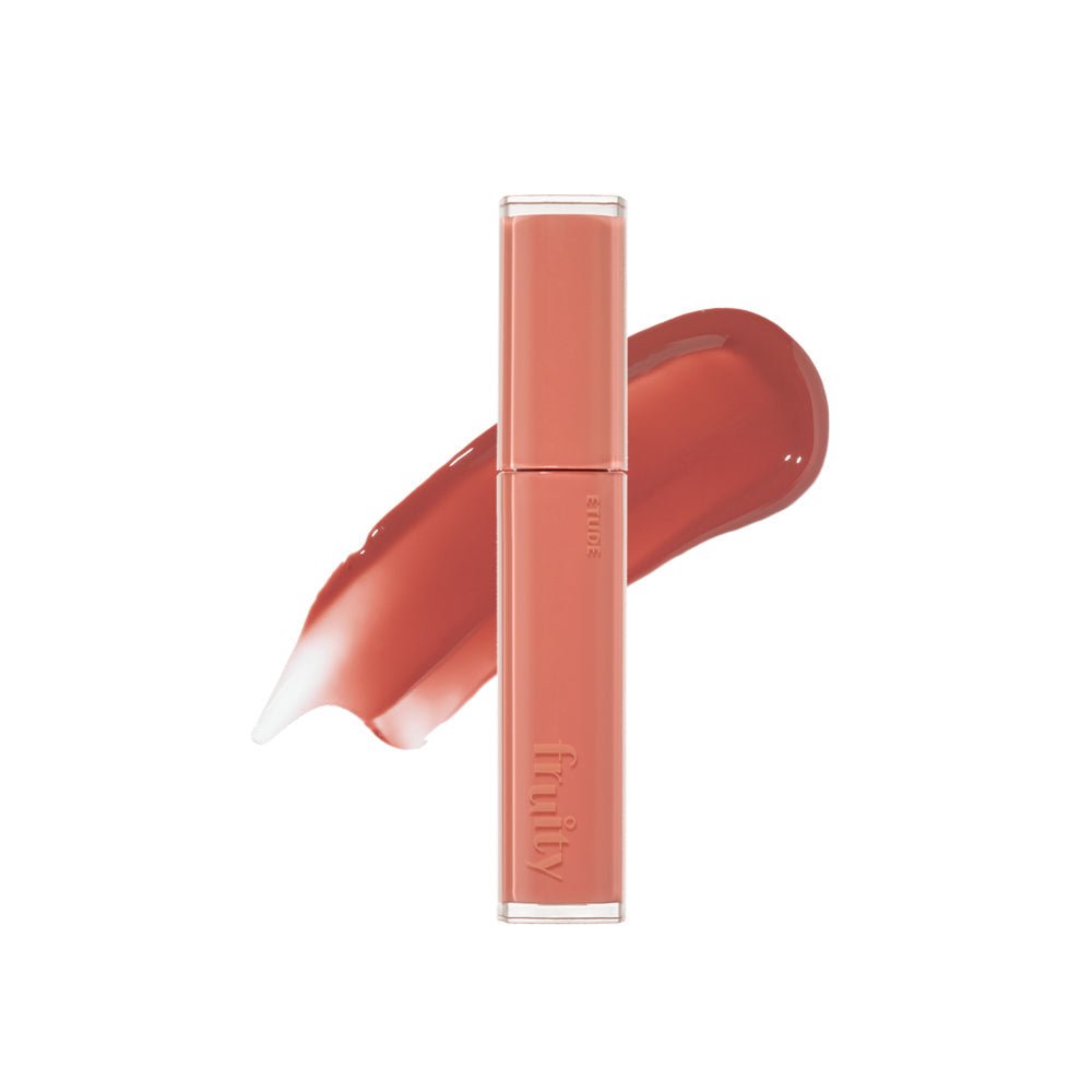 ETUDE Fruity Dewy Tint 4.5g in coral shade with smooth dewy finish and hydration boost effect on white background