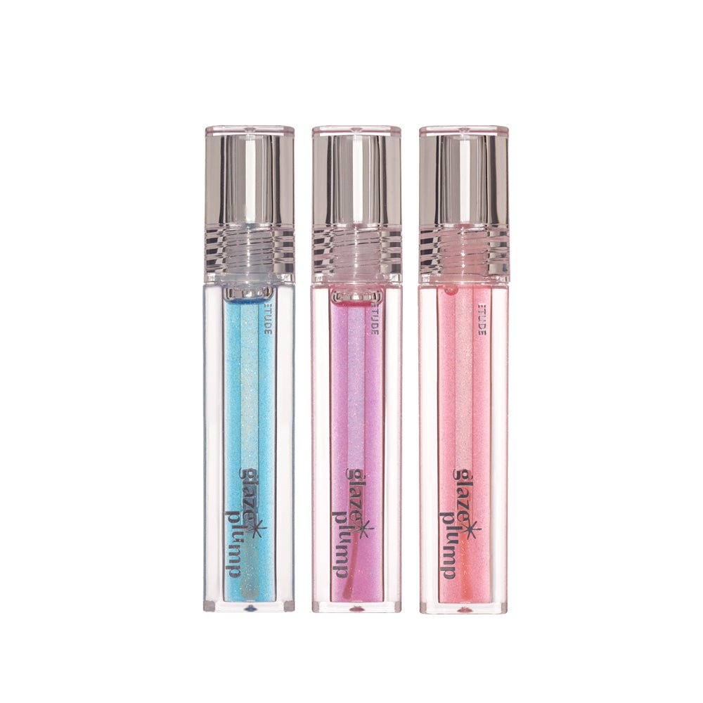 ETUDE Glaze Plump Gloss 4g in shimmering blue, lavender, and soft pink shades for lip plumping effect