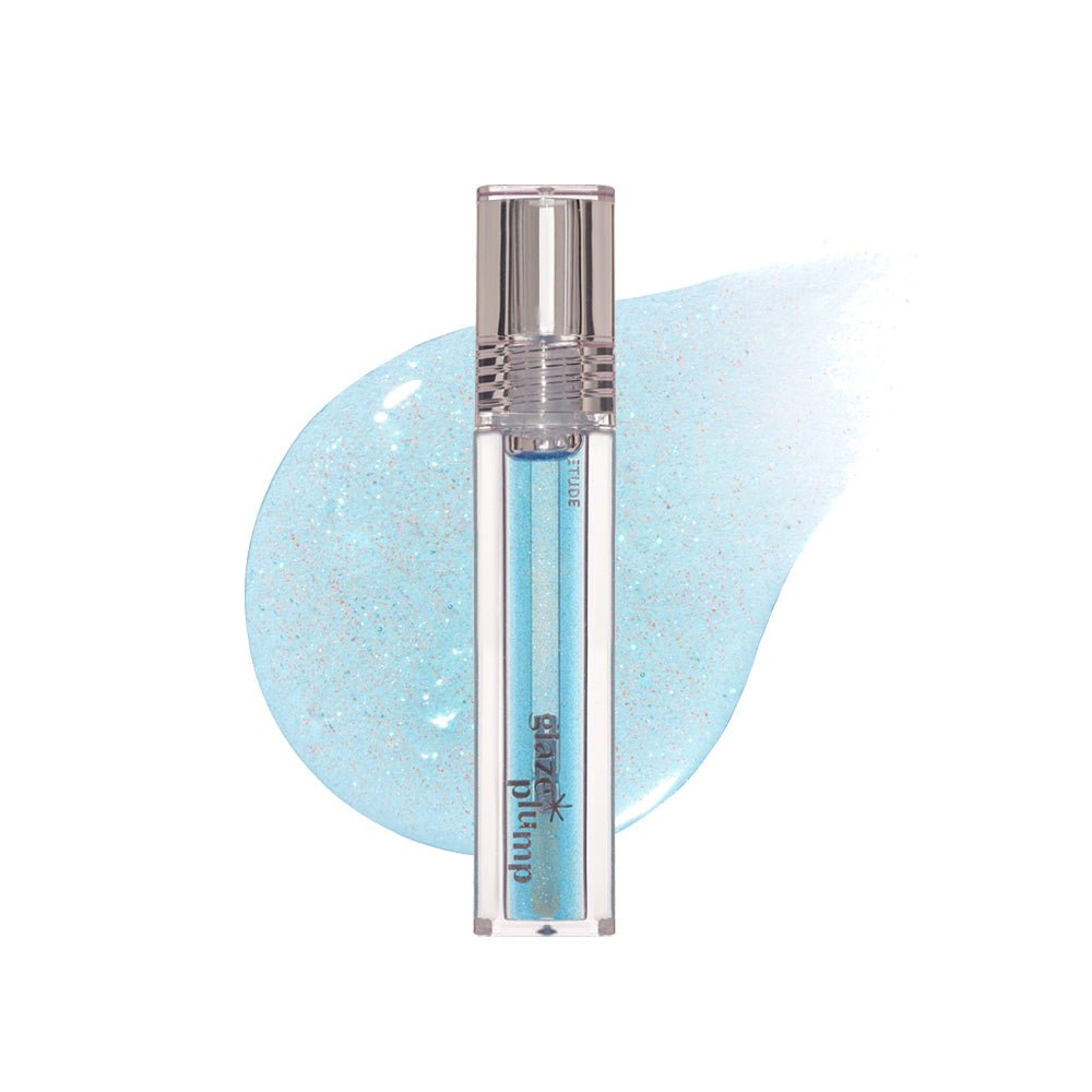 ETUDE Glaze Plump Gloss 4g in shimmering cool blue with glossy finish for visible lip plumping effect