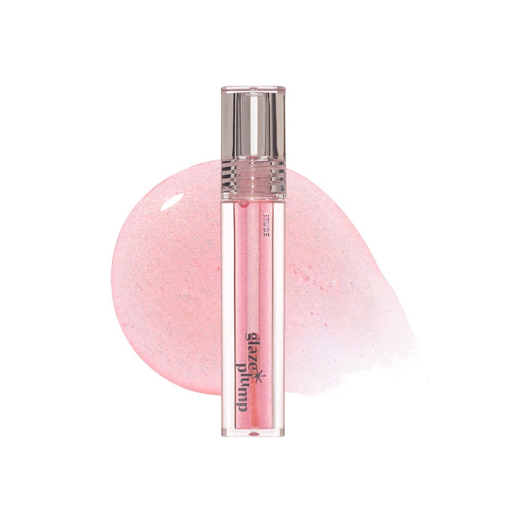 ETUDE Glaze Plump Gloss 4g in sheer pink with shimmering finish and lip plumping effect on white background