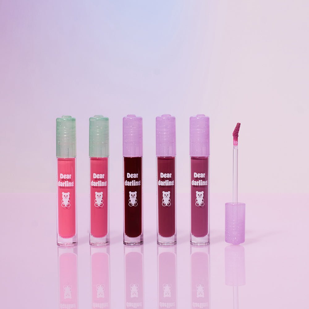 ETUDE Jelly Pang Dear Darling Water Gel Tint 5g collection in assorted pink and berry shades with applicator wand visible