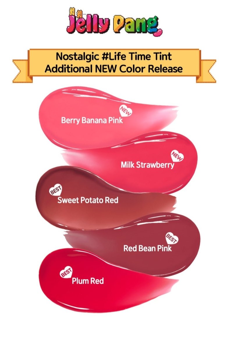 ETUDE Jelly Pang Dear Darling Water Gel Tint 5g swatches in Berry Banana Pink, Milk Strawberry, Sweet Potato Red, Red Bean Pink, Plum Red for moisture lock