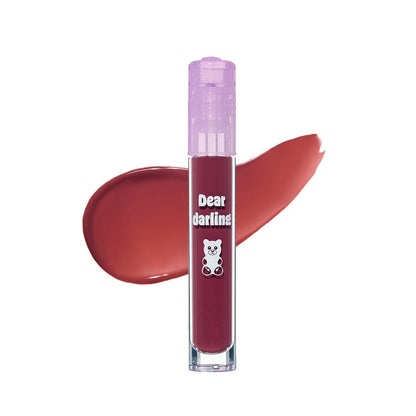 ETUDE Jelly Pang Dear Darling Water Gel Tint 5g in deep red shade with smooth moisture lock texture swatch behind tube