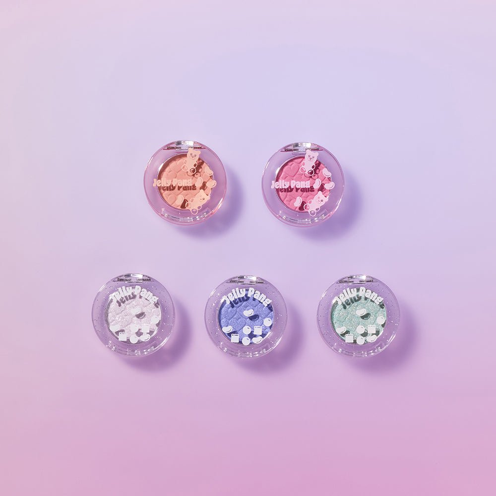 Five ETUDE Jelly Pang Look At My Eyes pots in pastel shades with silky texture on a soft gradient background