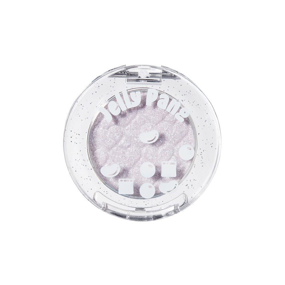 ETUDE Jelly Pang Look At My Eyes with silky texture in a shimmering light lavender shade in clear round compact case