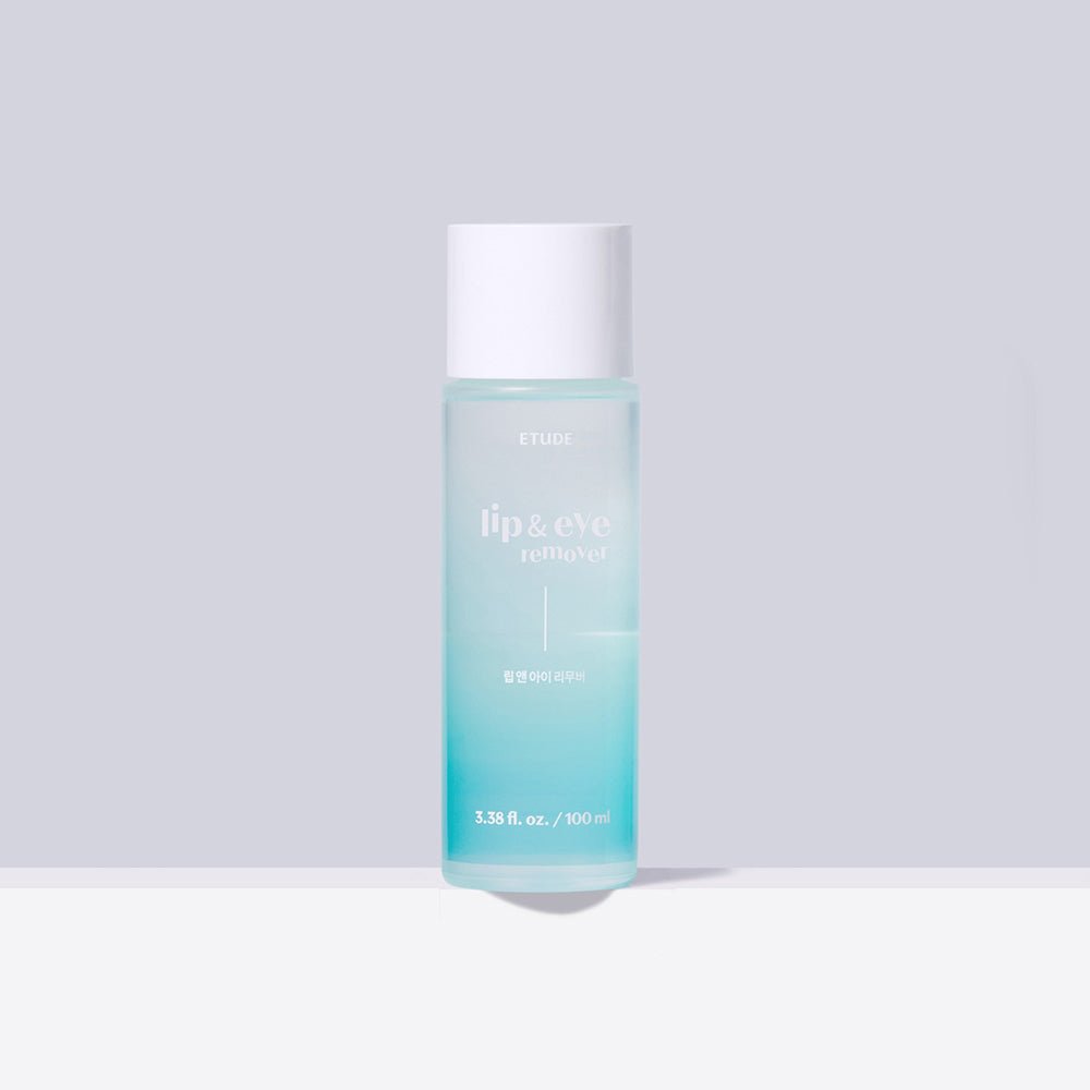 ETUDE Lip & Eye Remover 100ml in clear blue bottle with white cap for gentle makeup removal
