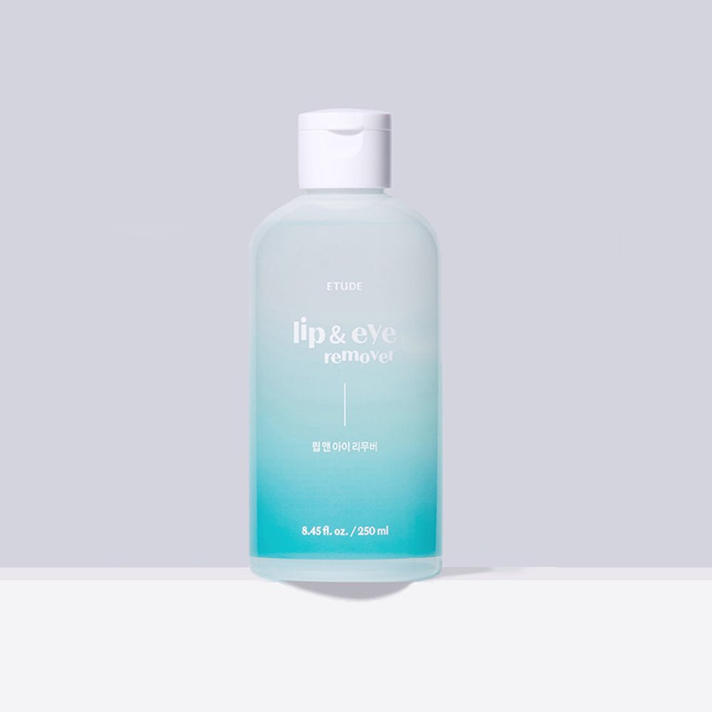 ETUDE Lip & Eye Remover 250ml in gradient aqua bottle with gentle cleansing formula on light gray background