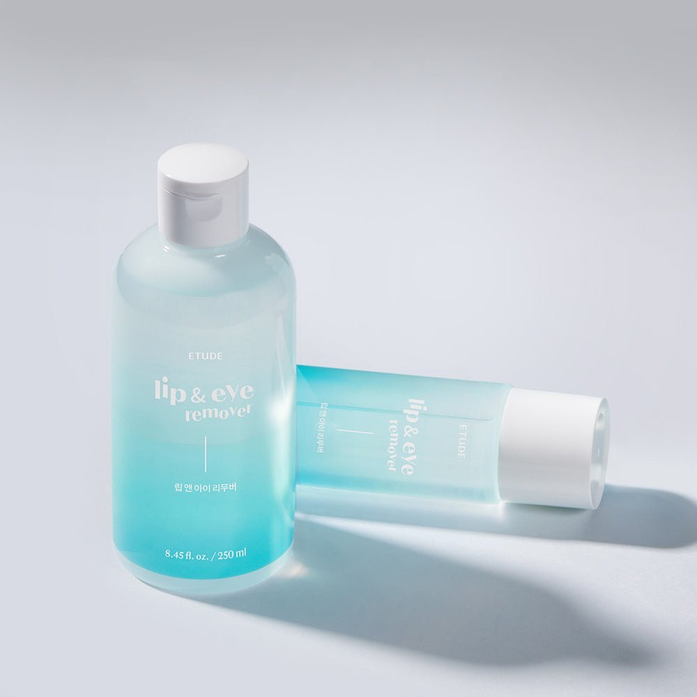 ETUDE Lip & Eye Remover 250ml in translucent blue bottle with white cap for gentle cleansing of makeup