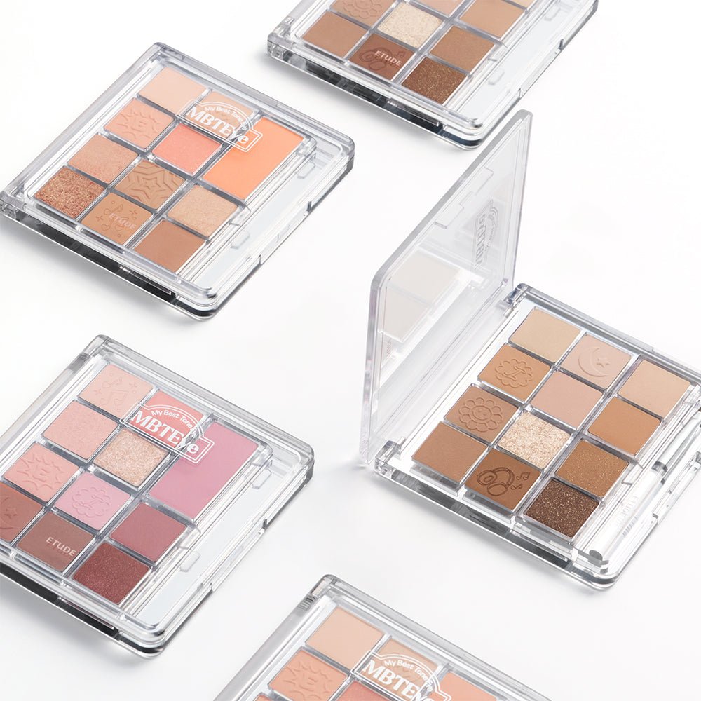 ETUDE My Best Tone Eye Palette with diverse textures in warm neutral shades in clear compact cases for versatile looks