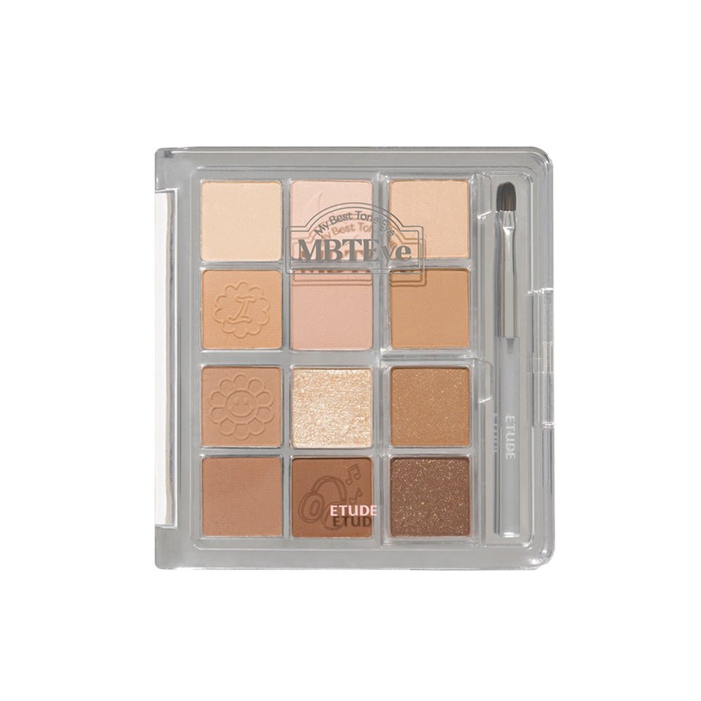 ETUDE My Best Tone Eye Palette featuring diverse textures in warm neutral shades with included dual-ended brush