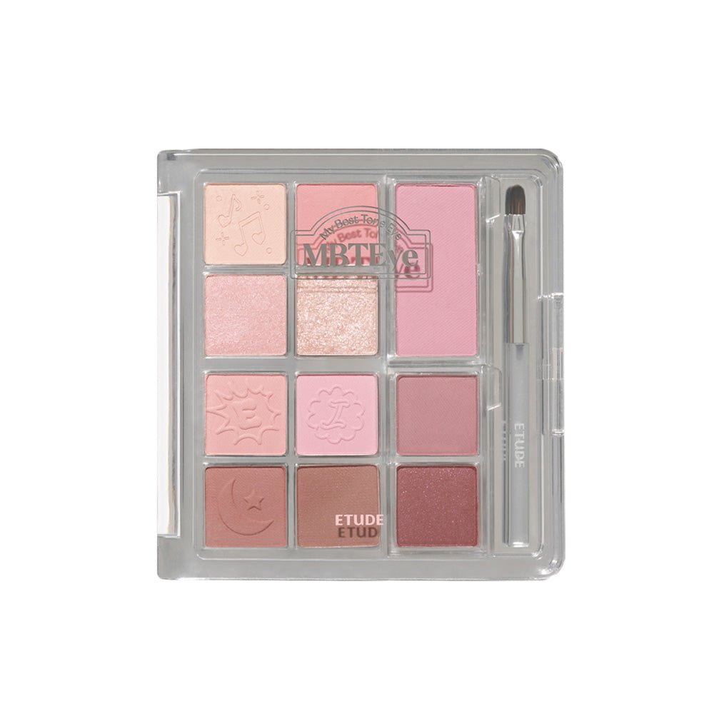 ETUDE My Best Tone Eye Palette with diverse textures in soft pink and mauve shades plus applicator brush
