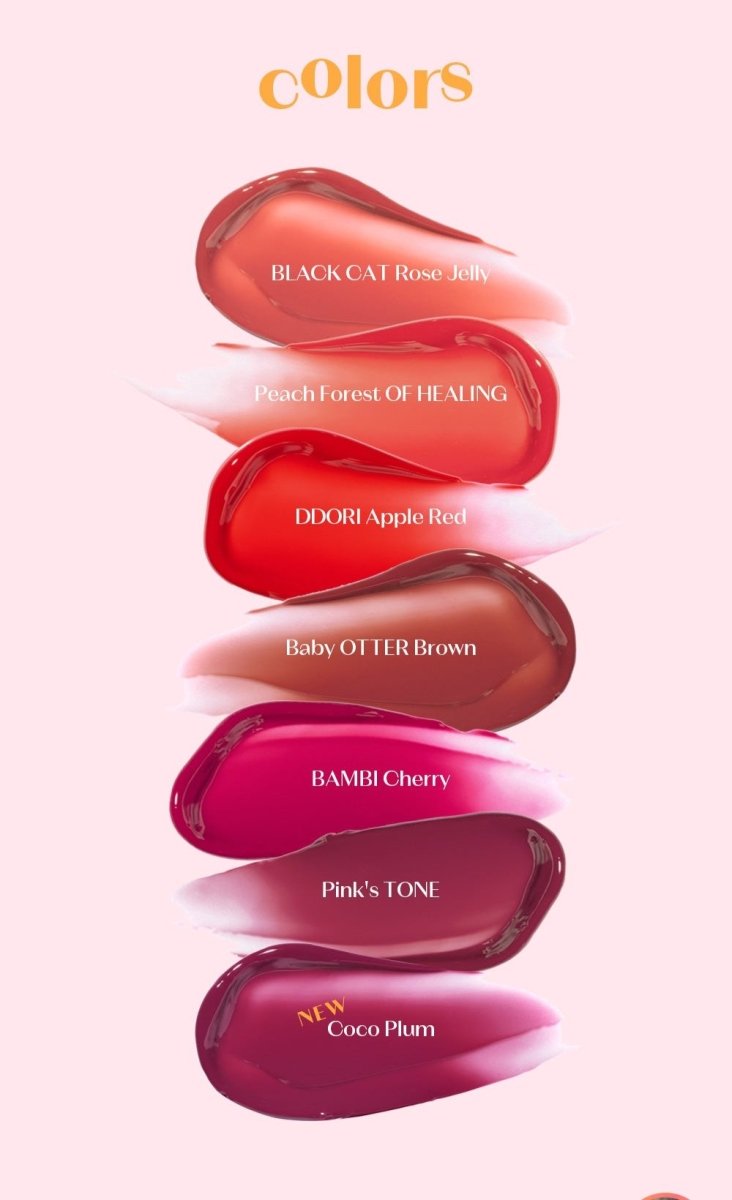 ETUDE Over Glowy Tint 3g swatches showing high gloss in six vibrant shades on soft pink background