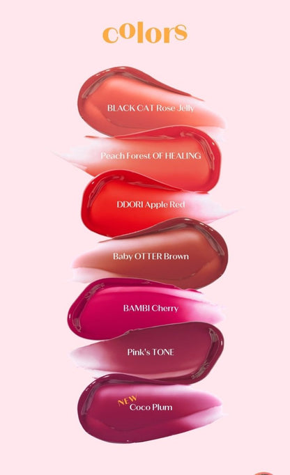 ETUDE Over Glowy Tint 3g swatches showing high gloss in six vibrant shades on soft pink background
