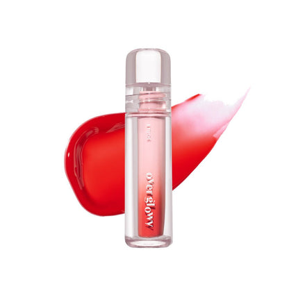 ETUDE Over Glowy Tint 3g in clear tube with high gloss red tint swatch on white background