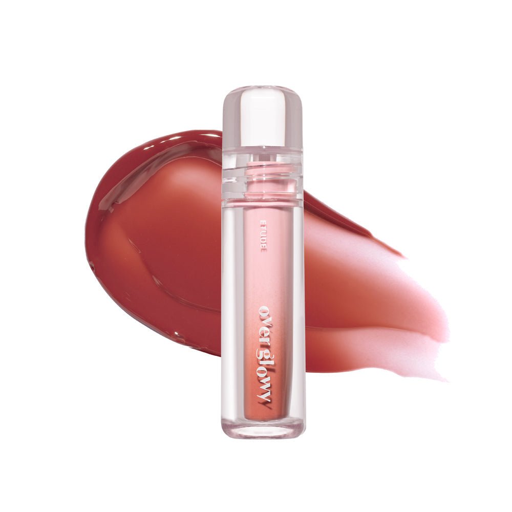 ETUDE Over Glowy Tint 3g tube with glossy peachy-pink lip tint swatch highlighting high gloss finish