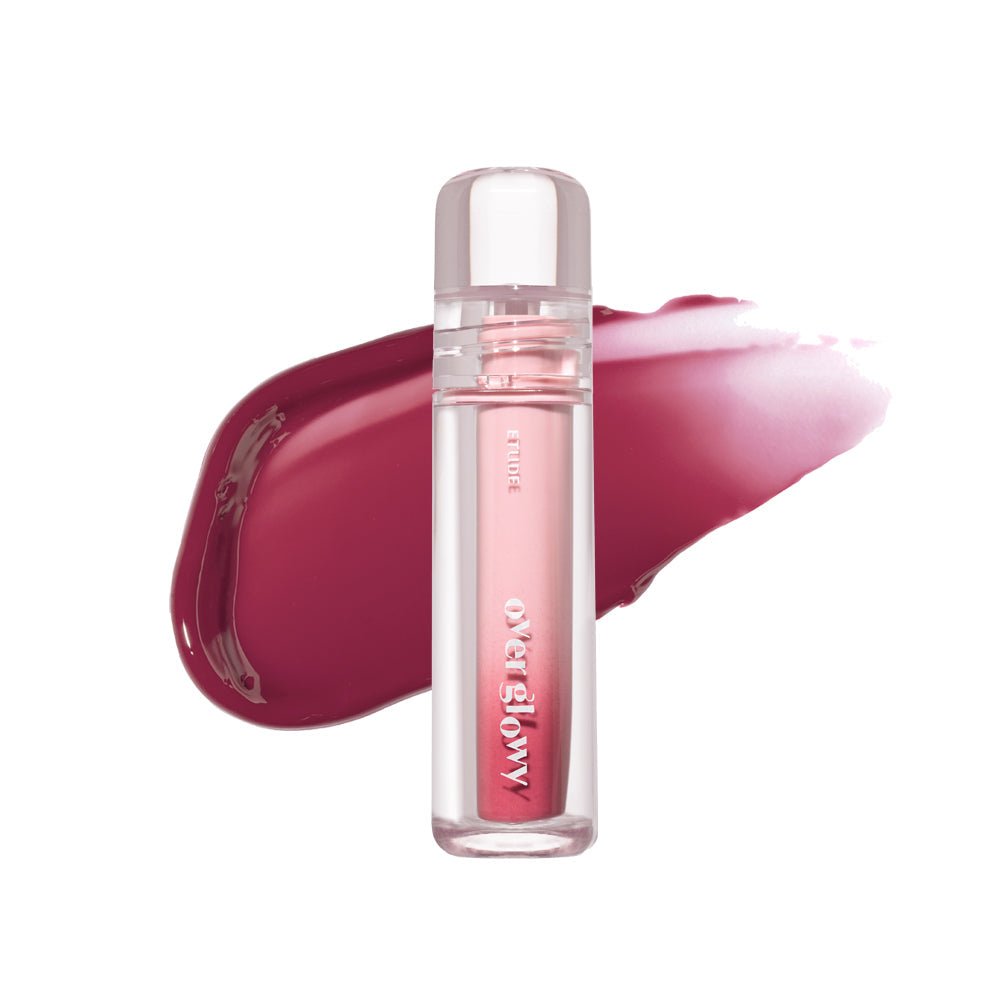 ETUDE Over Glowy Tint 3g in rich pink shade with high gloss finish and clear cap bottle on white background