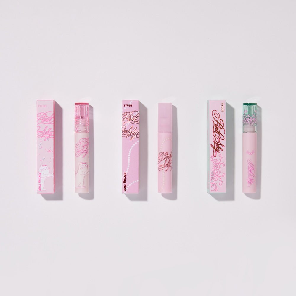 ETUDE Pink Shy Fixing Tint 4g in delicate pink tubes and matching decorative boxes with long-lasting wear