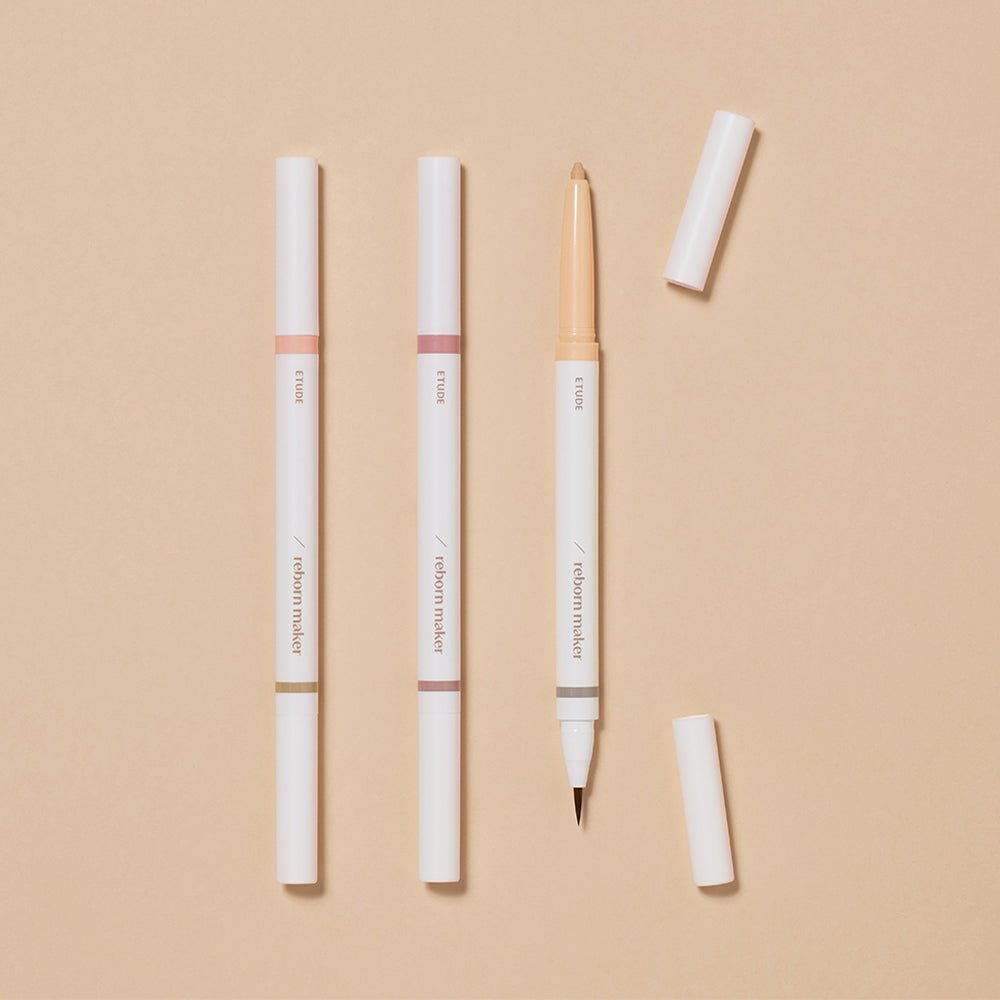ETUDE Reborn Maker Liner 0.9g double-tip liner pens in soft beige and pink shades on beige background