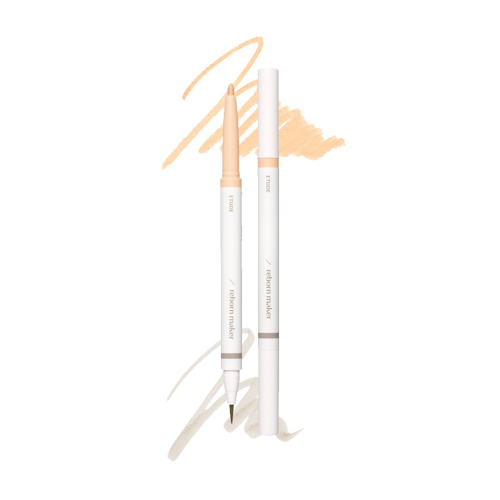 ETUDE Reborn Maker Liner 0.9g with double-tip design showing warm beige and soft taupe liner swatches