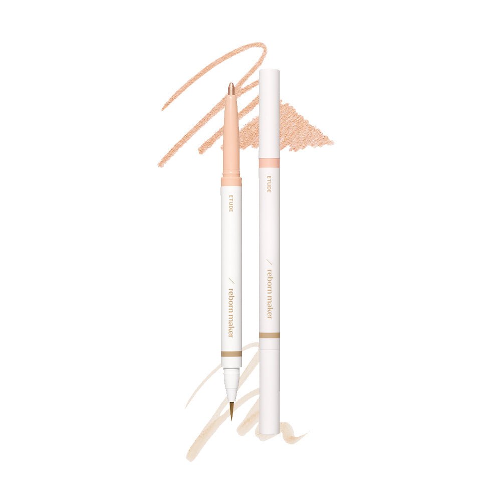 ETUDE Reborn Maker Liner 0.9g with double-tip design in soft beige tones for precise and versatile eye lining