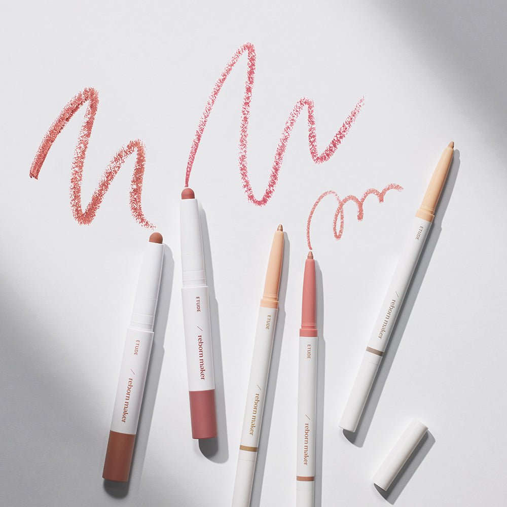 ETUDE Reborn Maker Over Lip 1g lip crayons in various soft natural shades with easy application swatches on white background