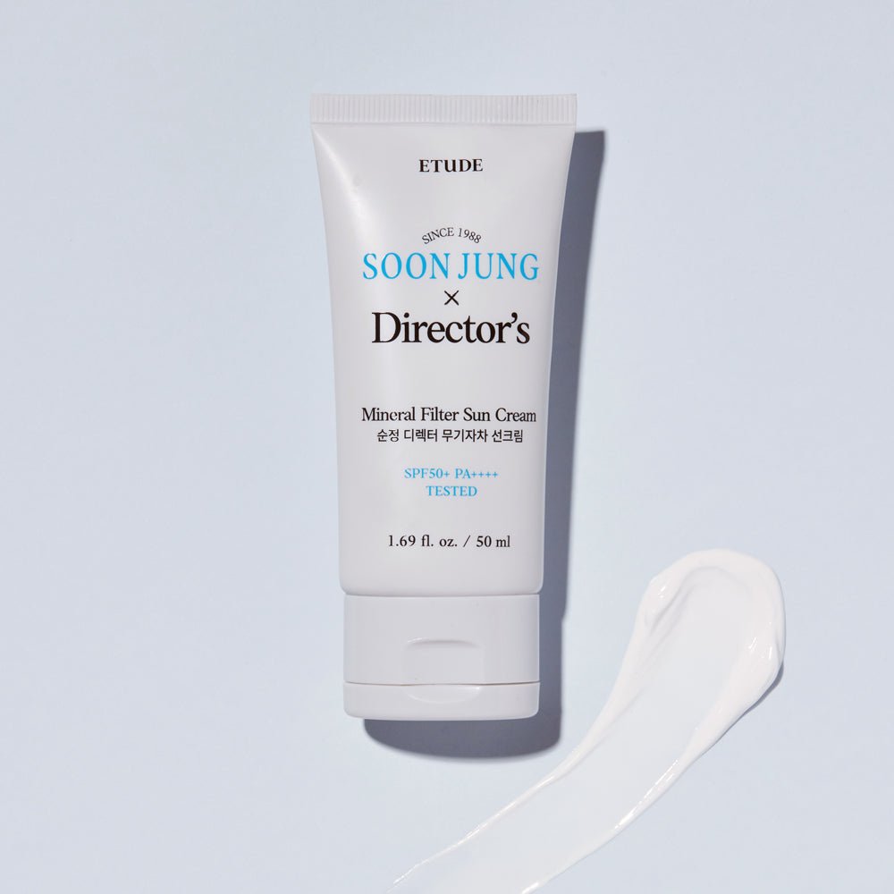 ETUDE Soonjung Director's Mineral Filter Sun Cream 50ml with moisturizing formula and SPF50+ PA++++ protection displayed with cream swatch