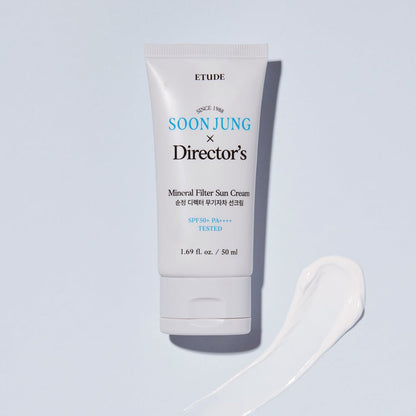 ETUDE Soonjung Director's Mineral Filter Sun Cream 50ml with moisturizing formula and SPF50+ PA++++ protection displayed with cream swatch