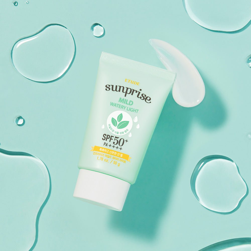 ETUDE Sunprise Mild Watery Light SPF50+ PA++++ 50ml with lightweight texture on blue background and water droplets