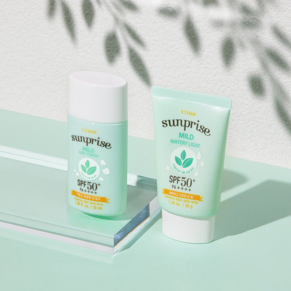 ETUDE Sunprise Mild Watery Light SPF50+ PA++++ 50ml in pastel green packaging with lightweight texture design