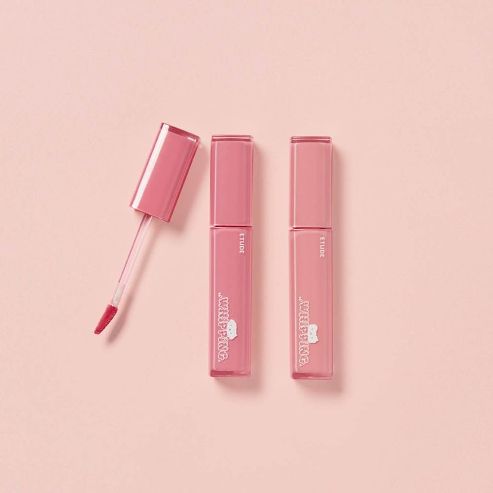 ETUDE Whipping Fruity Dewy Tint 4.5g in soft pink tubes with applicator showing long-lasting hydration effect