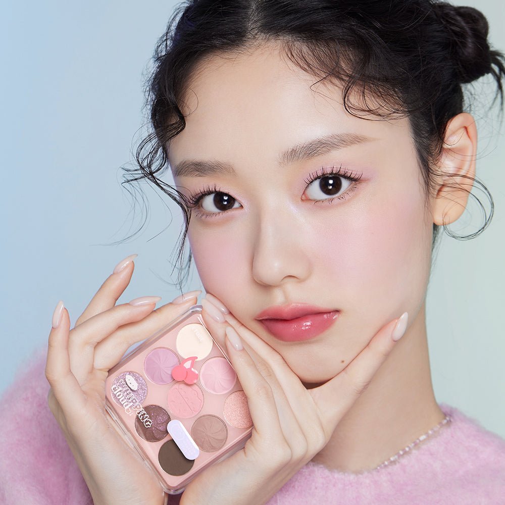 ETUDE Whipping Play Color Eyes 11.75g palette held by model with soft pink and neutral eye makeup looks