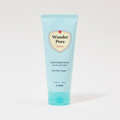 ETUDE Wonder Pore Deep Foaming Cleanser 150g in light blue tube with deep cleansing and ultra mint vinegar formula