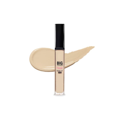 ETUDE Big Cover Skin Fit Concealer PRO in a versatile neutral shade with smooth, blendable formula swatch behind bottle