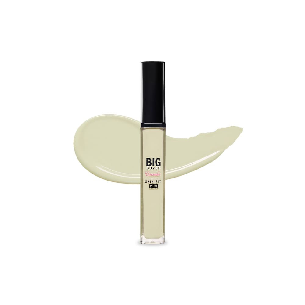 ETUDE Big Cover Skin Fit Concealer PRO in neutral mint shade with smooth creamy texture swatch behind tube