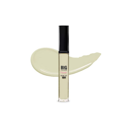 ETUDE Big Cover Skin Fit Concealer PRO in neutral mint shade with smooth creamy texture swatch behind tube