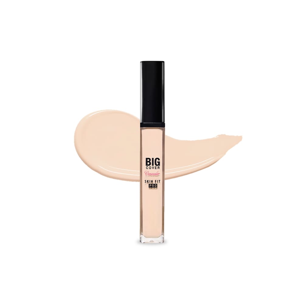 ETUDE Big Cover Skin Fit Concealer PRO in neutral beige shade with smooth creamy texture swatch behind