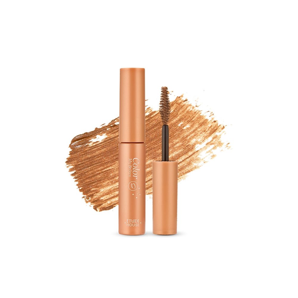 ETUDE Color My Brows 4.5g in natural light brown shade with brush applicator and color swatch background