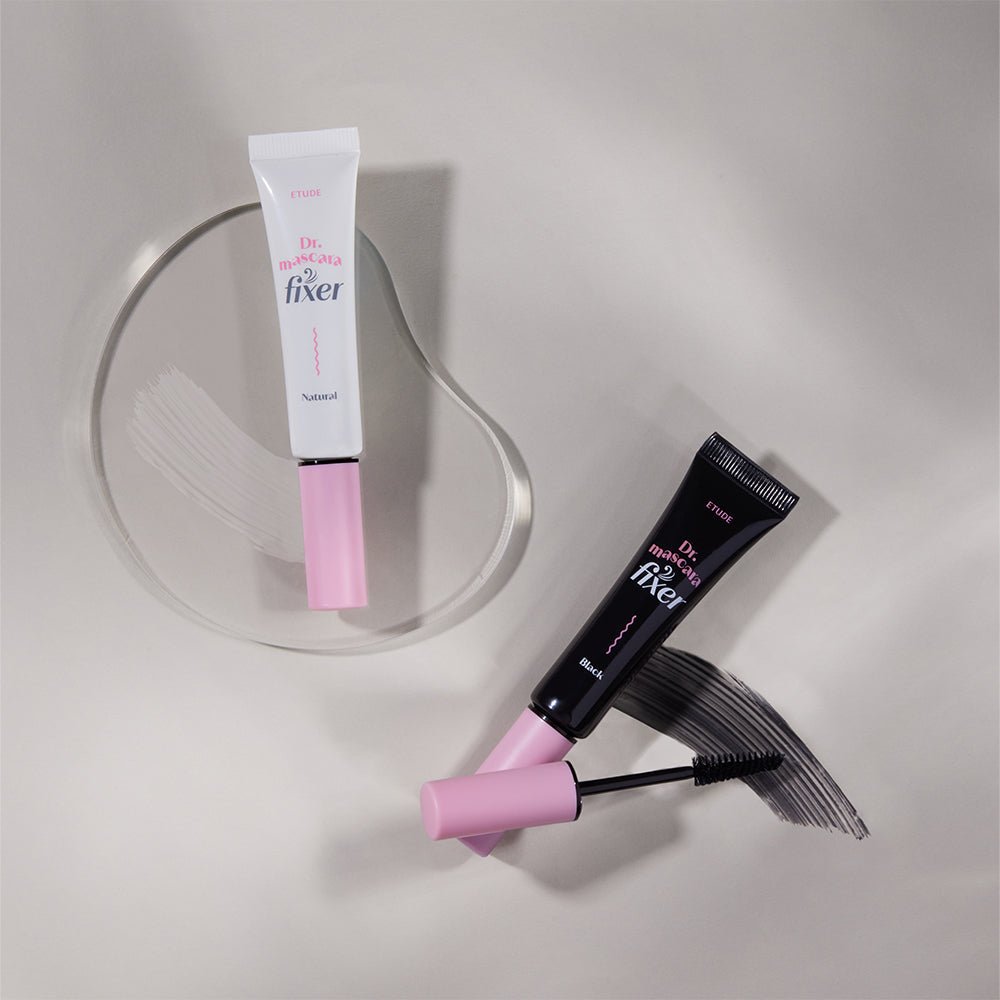 ETUDE Dr.Mascara Fixer 6g in natural and black with long-lasting hold displayed with brush and swatches