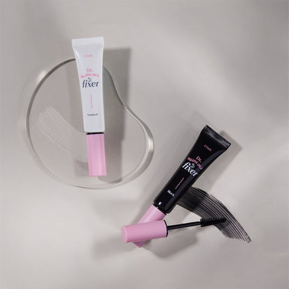 ETUDE Dr.Mascara Fixer 6g in natural and black with long-lasting hold displayed with brush and swatches