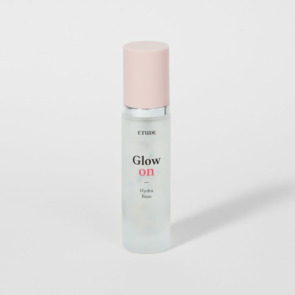ETUDE Glow On Base Hydra 30ml hydrating face primer in frosted glass bottle with pink cap on white background