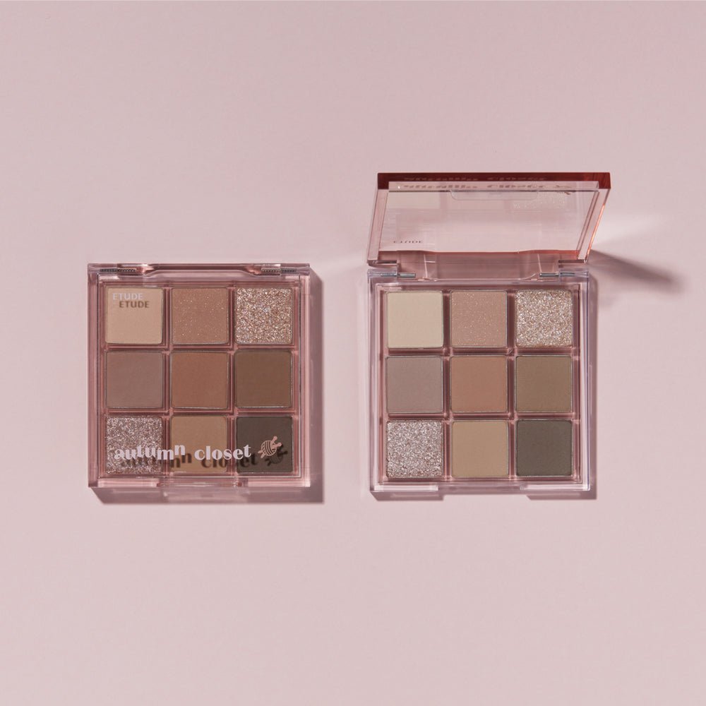 ETUDE Play Color Eyes 9-Color #Autumn Closet palette showing natural shades in neutral matte and shimmer tones