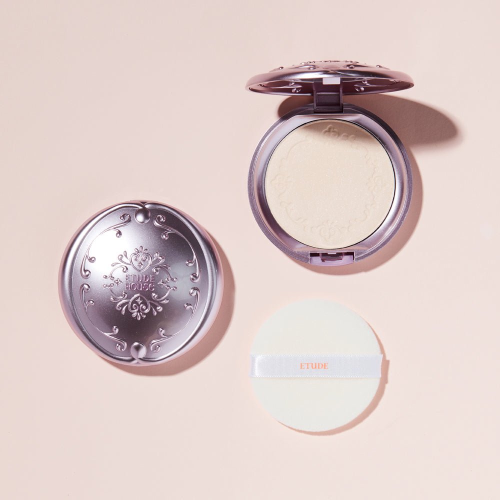 ETUDE Secret Beam Powder Pact SPF36/PA+++ 16g (3 Colors) with luminous finish in ornate silver compact and applicator puff