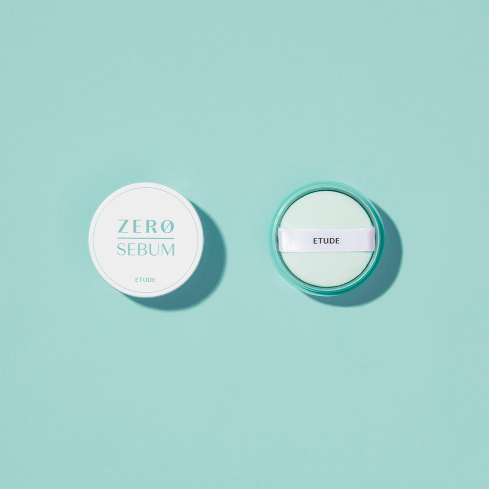 ETUDE Zero Sebum Drying Powder 4g in white and teal compact with puff applicator for effective oil control
